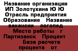  › Название организации ­ ИП Золотухина Ю.Ю. › Отрасль предприятия ­ Образование › Название вакансии ­ логопед › Место работы ­ г.Партизанск › Процент ­ 30 › База расчета процента ­ от стоимости услуг › Возраст от ­ 25 › Возраст до ­ 50 - Приморский край, Партизанск г. Работа » Вакансии   
